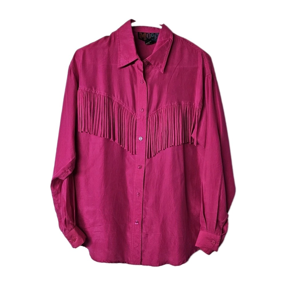 Vtg MODA BB Dakota 100% Silk Western Fringe Sz Small Shirt Blouse Top  Fuschia